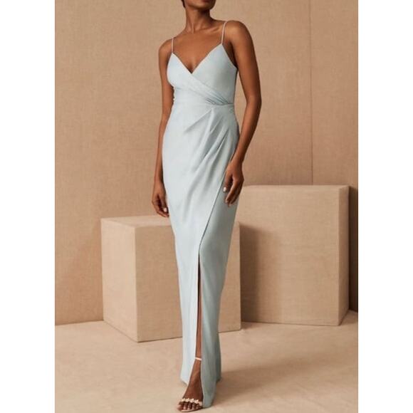 Anthropologie BHLDN Women Satin Freya Maxi Dress Size 14 Light Blue Side Slit - Picture 1 of 16